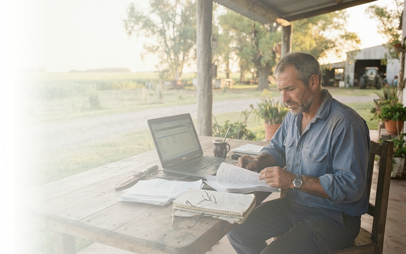 Administrador rural organizando remitos, recetas y planillas frente a su computadora