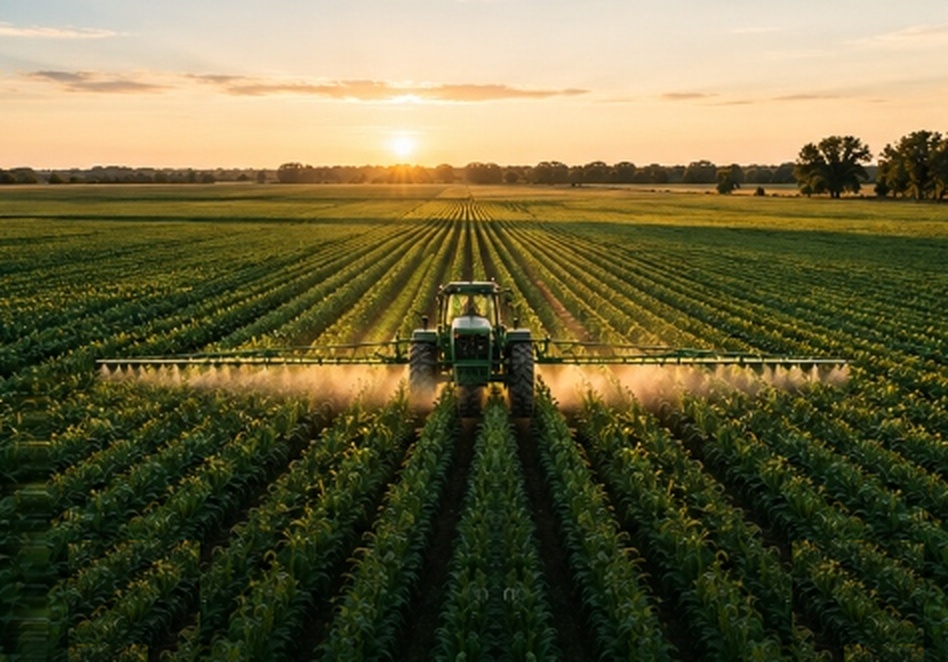 Maquinaria agrícola trabajando en el cultivo al amanecer