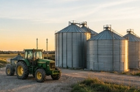 Tractor y silos de acopio en el establecimiento agropecuario
